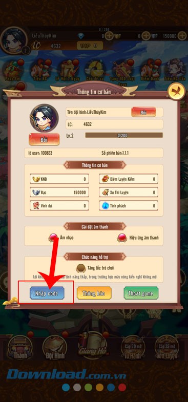 Nhấn vào nút Nhập code