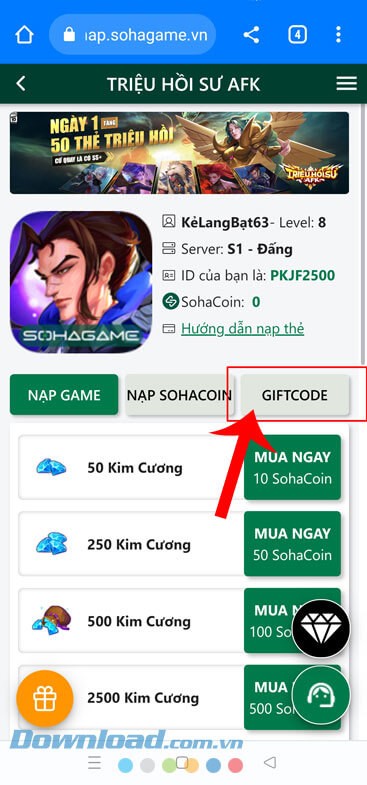 Ấn vào mục Giftcode