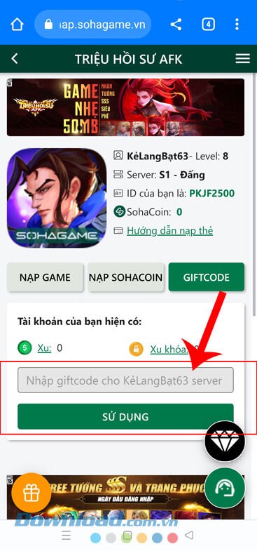 Nhập một trong những mã code ở trên