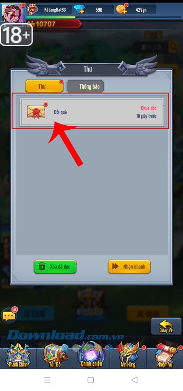 Ấn vào mục thư Đổi quà