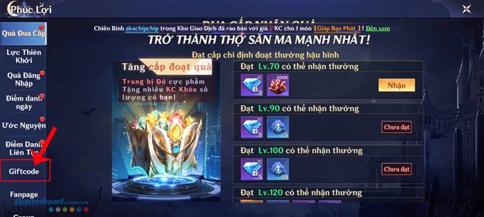Chạm vào mục Giftcode