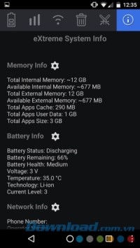 Toolbox eXtreme cho Android hiển thị thông tin bộ nhớ