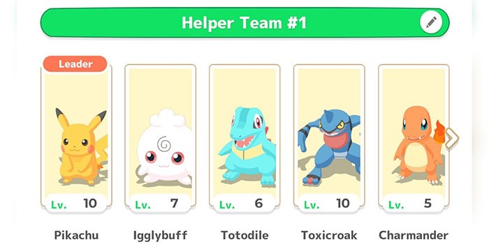 Một đội gồm 5 Pokémon Helper trong Pokémon Sleep