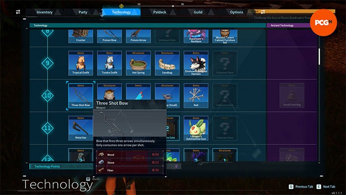 Menu vũ khí trong tab Technology của Palworld