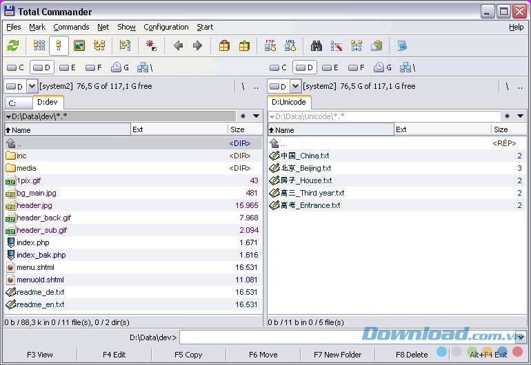 Cửa sổ làm việc chính của Total Commander
