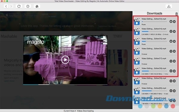 Các video đang tải nằm bên phải màn hình Total Video Downloader cho Mac