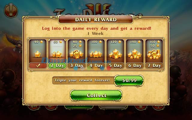 Nhận các giải thưởng mối ngày trong Toy Defense 3: Fantasy