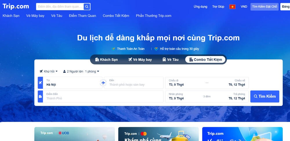 Giao diện trang chủ của trang Trip.com