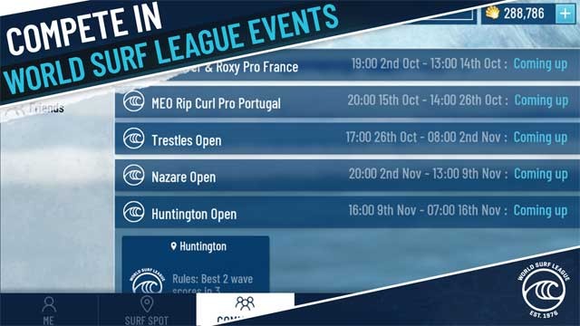 Cạnh tranh với người chơi khác trong các giải đấu lướt sóng toàn cầu