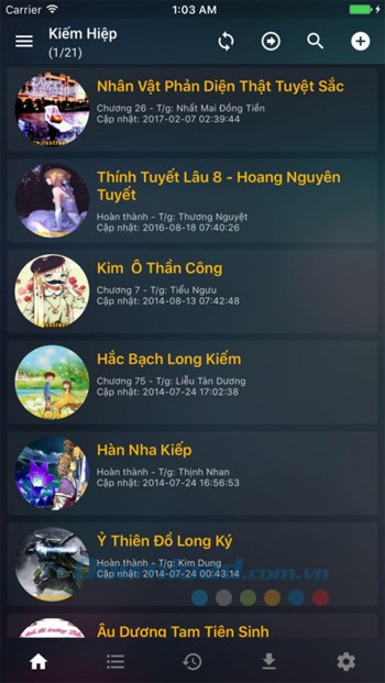 Giao diện chính của ứng dụng Truyện kiếm hiệp