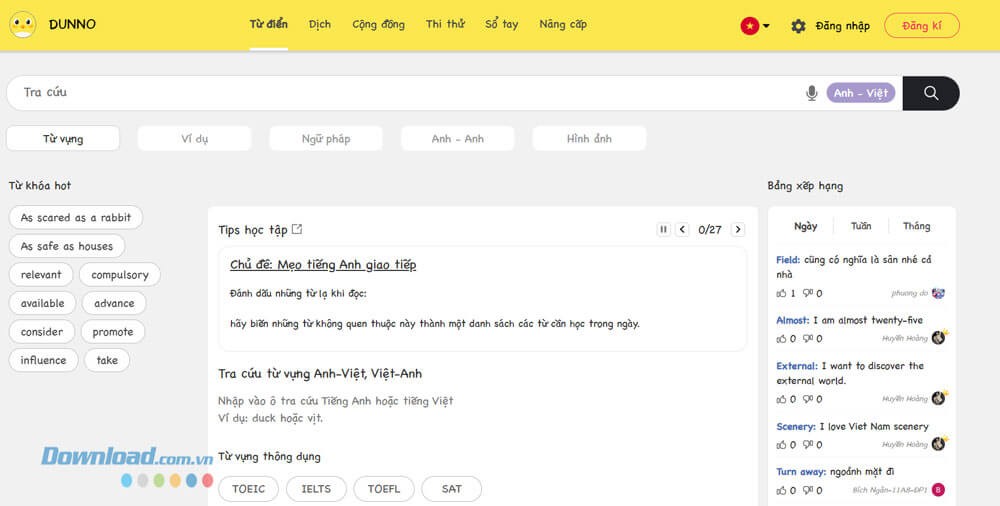 Giao diện trang chủ Từ điển Anh Việt Dunno