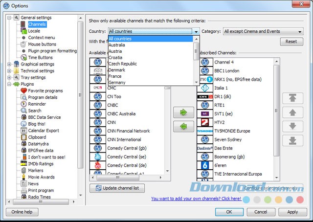 Thiết lập phần mềm TV Browser
