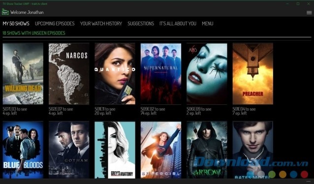 Giao diện chính của ứng dụng theo dõi chương trình truyền hình TV Show Tracker cho máy tính & Windows Phone