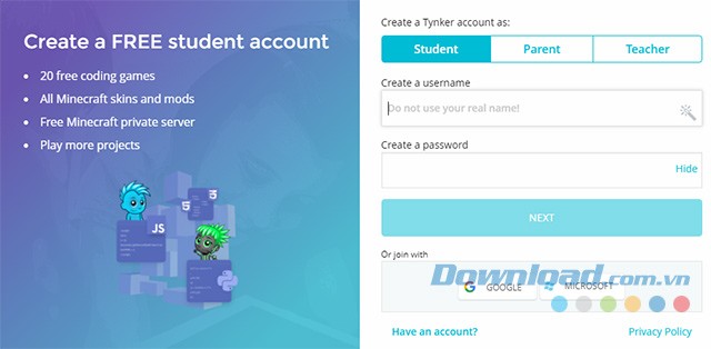 Đăng ký Tynker với tài khoản cho học sinh, phụ huynh hoặc giáo viên