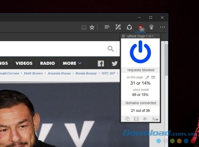 Chạy tiện ích cho trình duyệt Edge uBlock Origin với nút bấm trong thanh công cụ