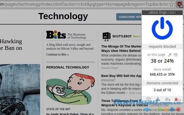 Giao diện chính của tiện ích mở rộng miễn phí uBlock Origin cho trình duyệt Google Chrome