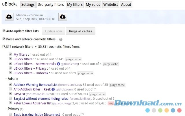 Dùng nhiều bộ lọc của tiện ích mở rộng miễn phí uBlock Origin cho trình duyệt Google Chrome