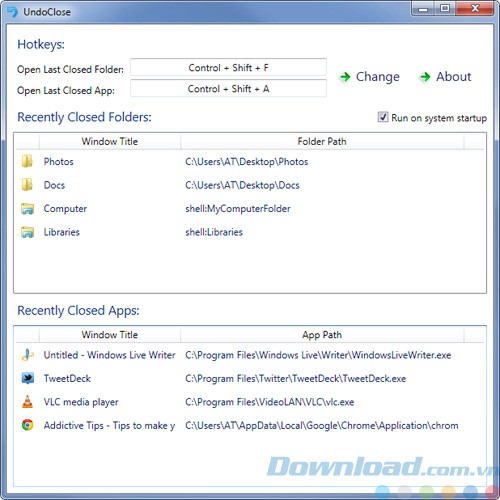 Giao diện của UndoClose