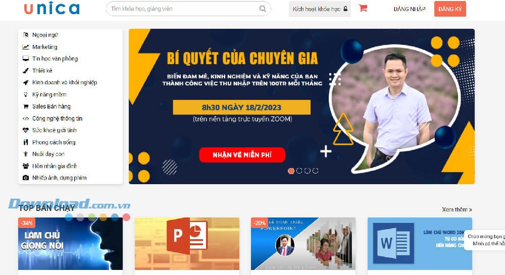 Trang chủ của hệ thống học trực tuyến Unica