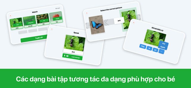 Hệ thống bài tập tương tác đa dạng phù hợp với bé