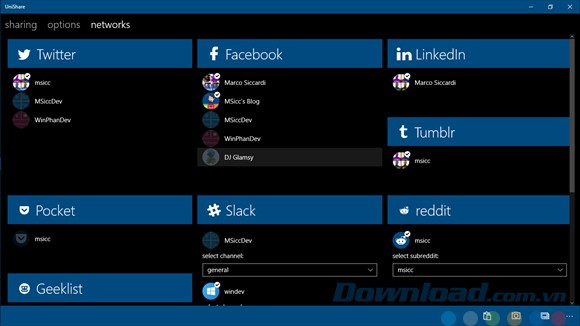Ứng dụng chia sẻ UniShare hỗ trợ cho nhiều mạng xã hội khác nhau