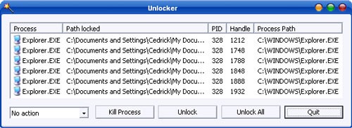 Cửa sổ chứa danh sách file bị khóa của Unlocker