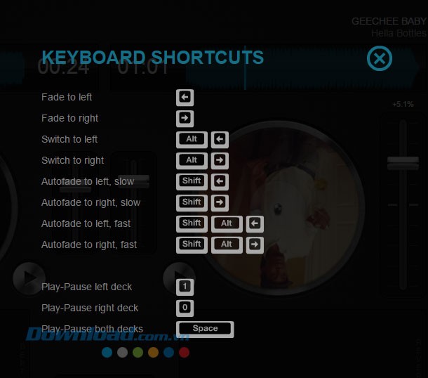 Các phím tắt của ứng dụng
