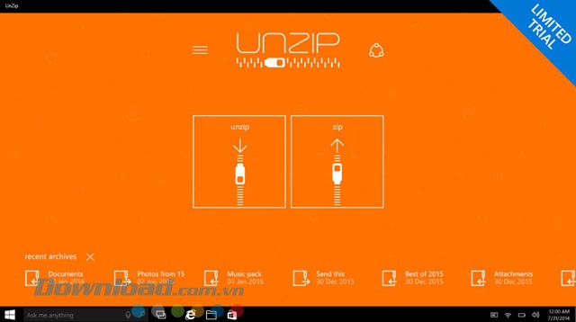 Giao diện ứng dụng UnZip cho Windows 10
