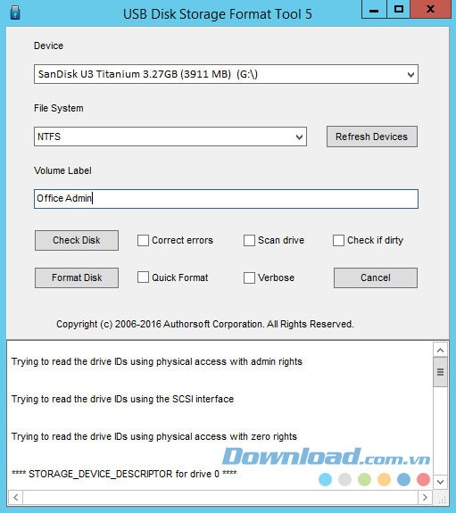Giao diện chính của ứng dụng USB Disk Storage Format Tool cho máy tính