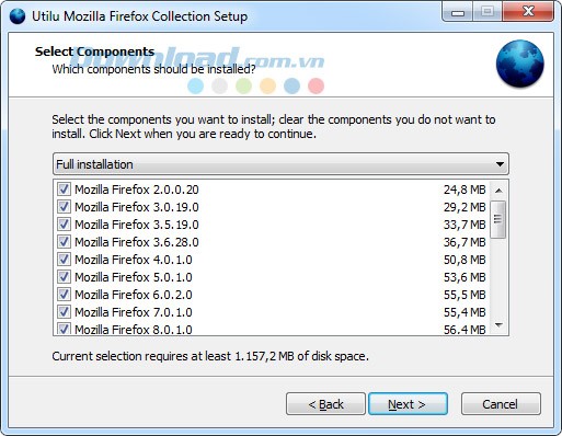 Lựa chọn các thành phần để cài đặt trong Utilu Mozilla Firefox Collection