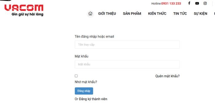 Giao diện đăng nhập của trang web VACOM vaShop