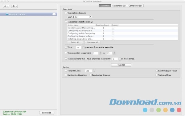 Giao diện cửa sổ hoạt động chính của VCE Exam Simulator cho Mac
