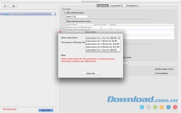VCE Exam Simulator cho Mac đăng ký các gói cước học thêm
