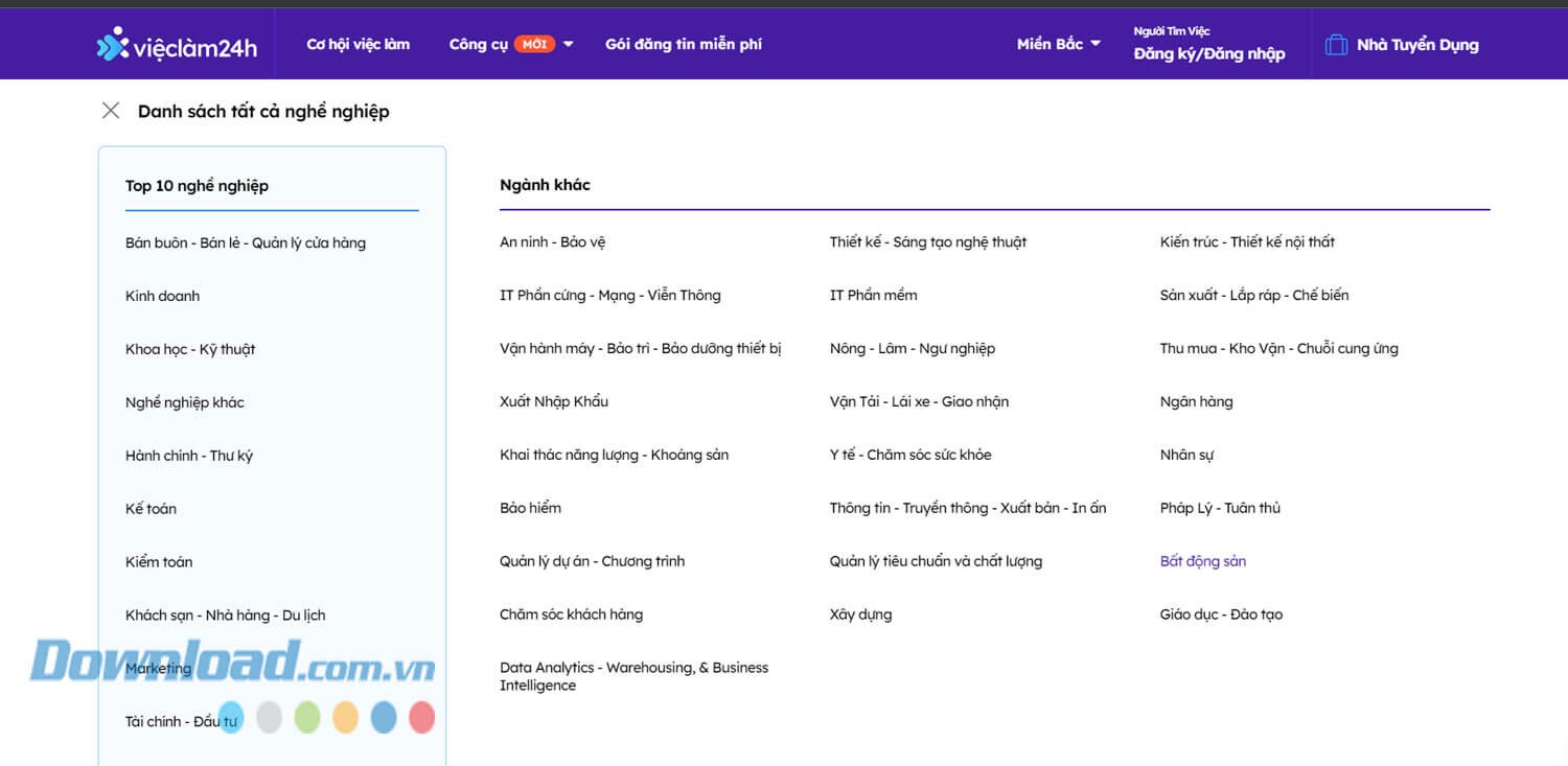 Danh mục việc làm trong trang Vieclam24h.vn