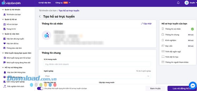 Tạo hồ sơ xin việc trực tuyến trên Vieclam24h.vn