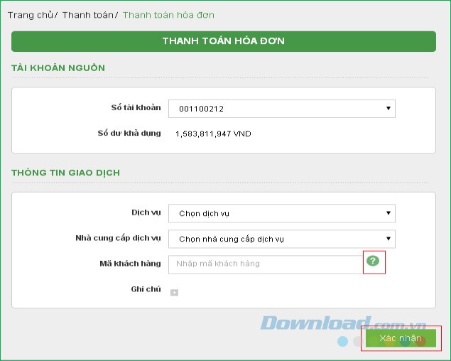Giao diện thanh toán hóa đơn dịch vụ trên Vietcombank iBanking