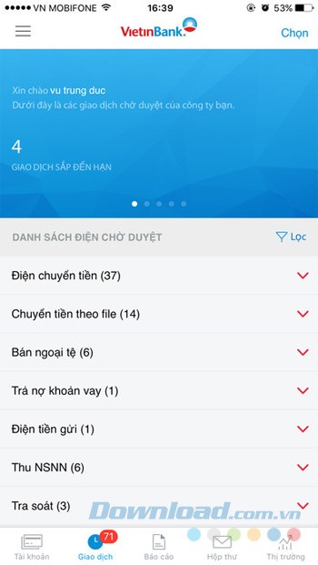Giao diện chính của VietinBank eFAST