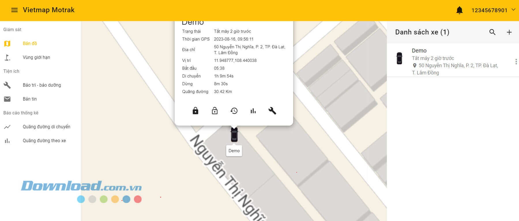 Giao diện theo dõi, định vị xe trên trang web Vietmap Motrak