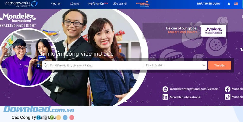 Giao diện trang chủ của website VietnamWorks