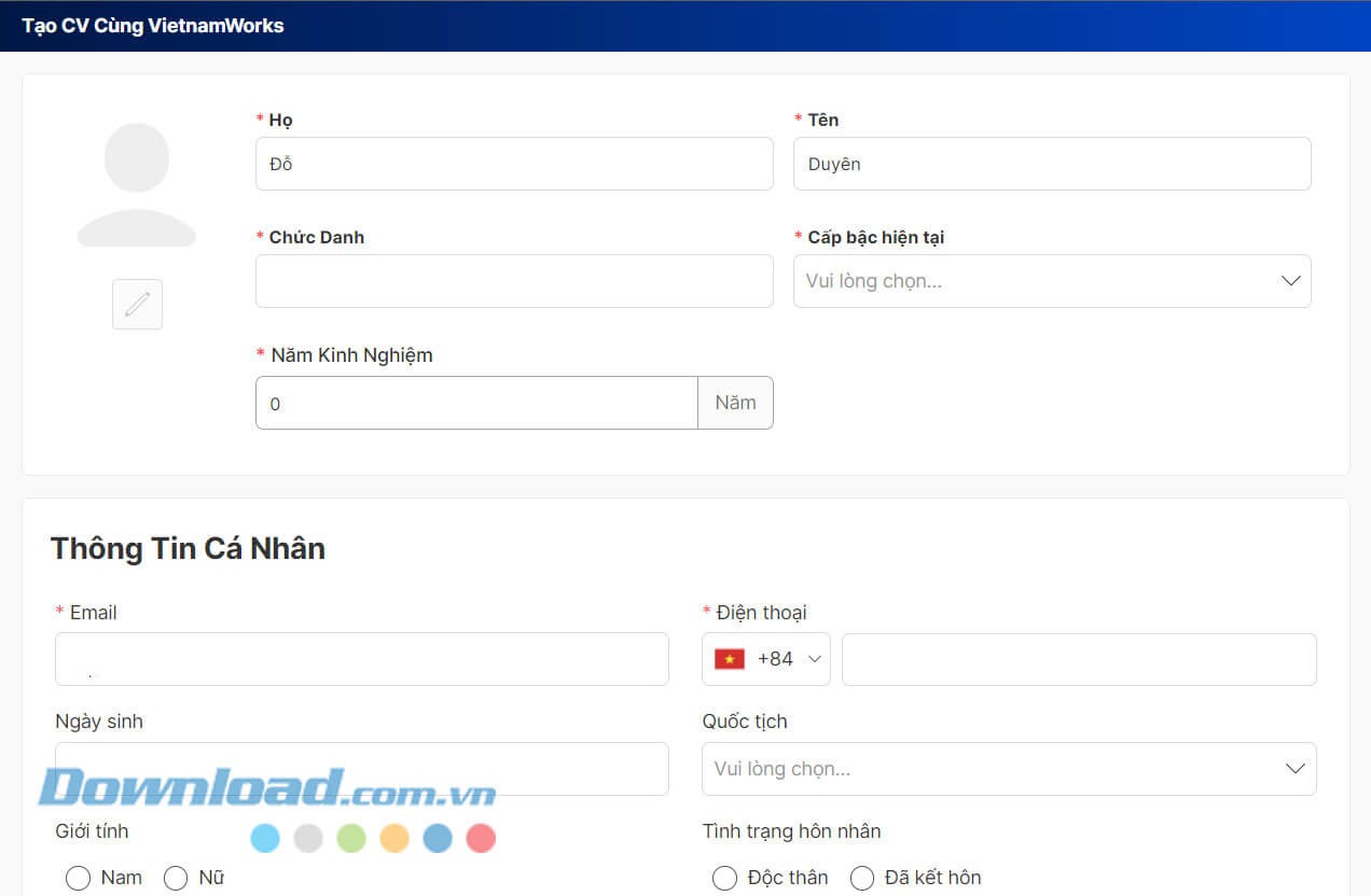 Tạo CV xin việc trên VietnamWorks