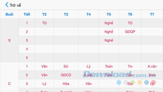 Giao diện thời khóa biểu trên VietSchool cho iOS