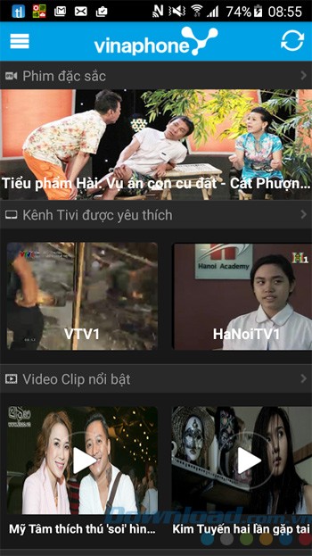 Giao diện chính của ứng dụng VinaPhone TV