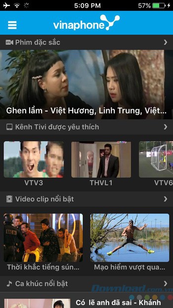 Giao diện chính của ứng dụng VinaPhone TV