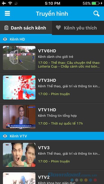 Các kênh truyền hình trong ứng dụng VinaPhone TV