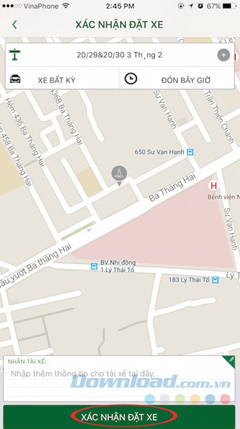 Xác nhận đặt xe Taxi bằng ứng dụng Vinasun Taxi