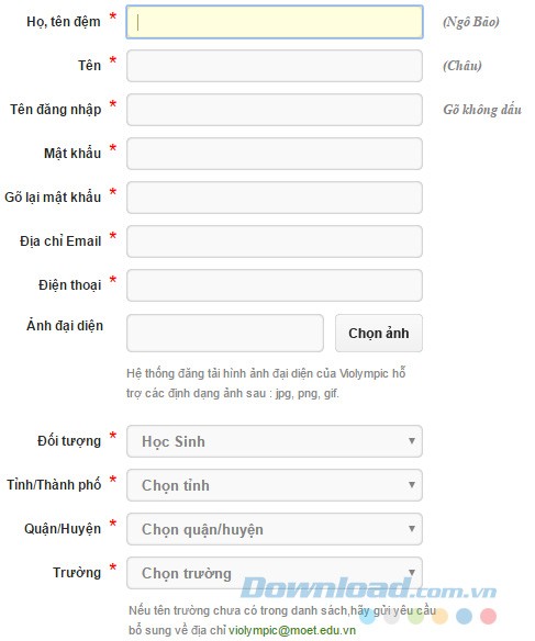 Điền thông tin đăng ký
