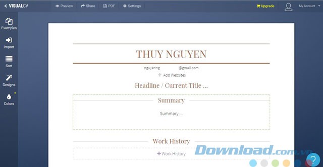 Giao diện VisualCV Online