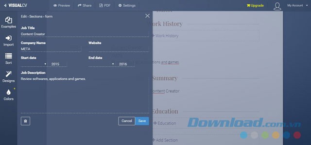 Điền thông tin vào các mục trong CV