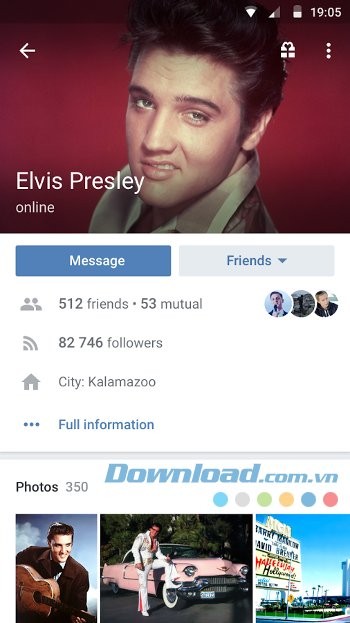 Giao diện tài khoản VK trên Android