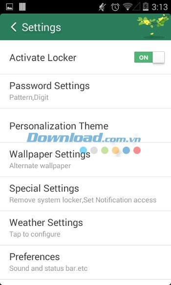 Các cài đặt chính của VLocker